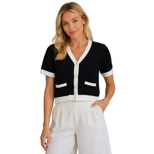 CeCe Black White Trim Knit Cardigan Gold Button Short Sleeve XL NWT